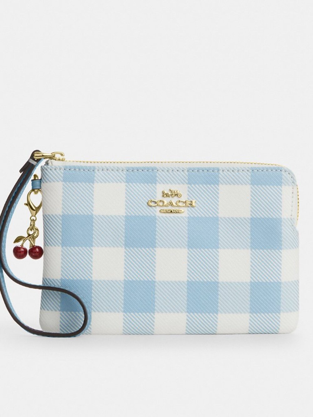 Coach Corner Zip Wristlet With Gingham Print And Charm